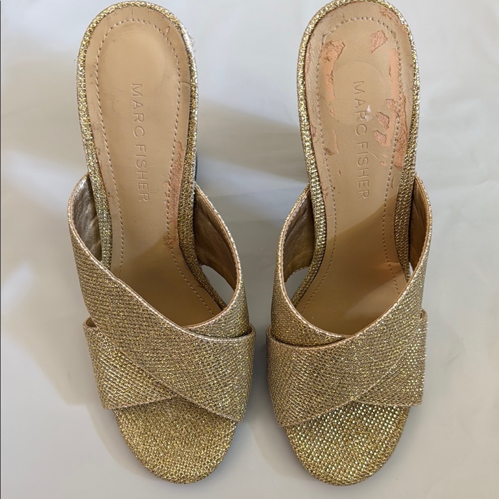 Marc Fisher Gold Glitter Slide Sandals